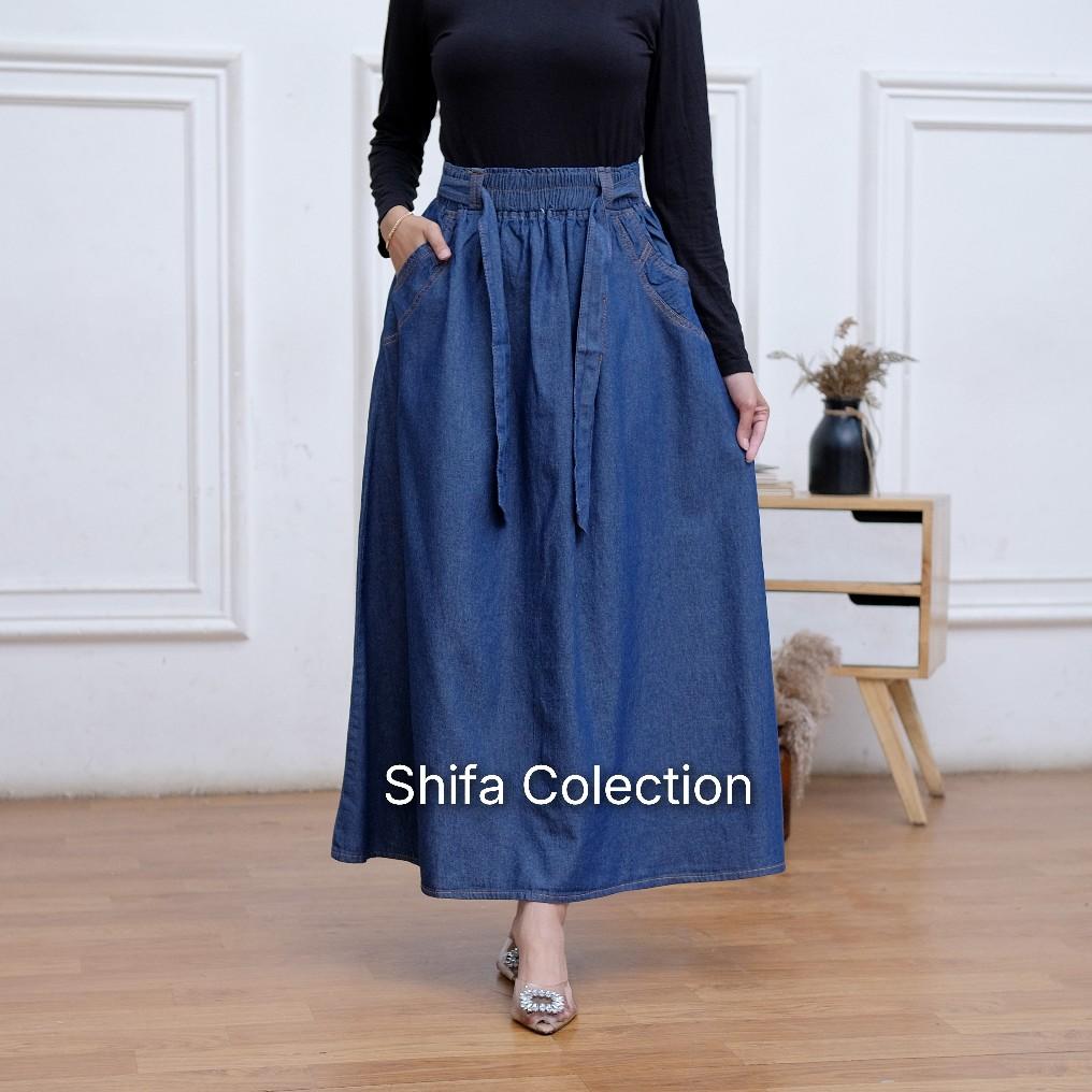 Rok Jeans Panjang Wanita Model Payung Fita Kekinian Bahan Original Jeans Wash Premium 6,5 Ons / Rok Jeans / Rok Panjang Wanita / Rok Jeans Jumbo / Rok Jeans Panjang BB ± 35 - 85 kg Denim Nyaman Variasi Hitam Biru Navy Samping