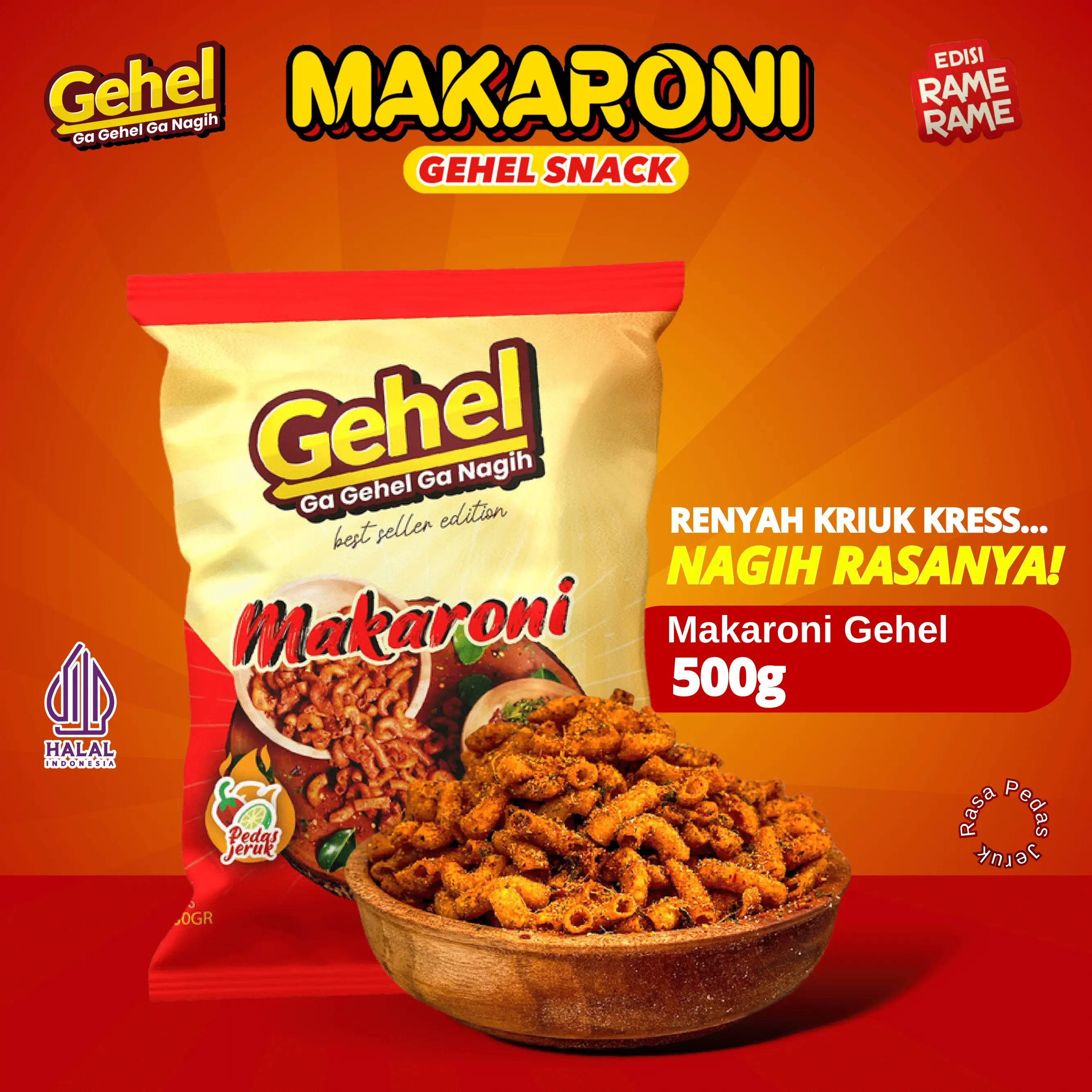 MAKARONI Gehel 500gr - Makanan Ringan Cemilan Makaroni Tasik Pedas