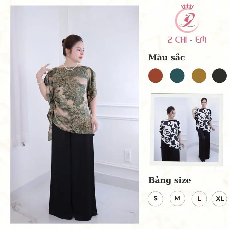 ( Hàng Cao Cấp ) Set Đồ bộ trung niên cách điệu, đồ bộ cho mẹ,áo kiểu, quần dài ống rộng , chất lụa lattin cao cấp CC36 Nữ Women Ong Top Voi Jacket Polo 0