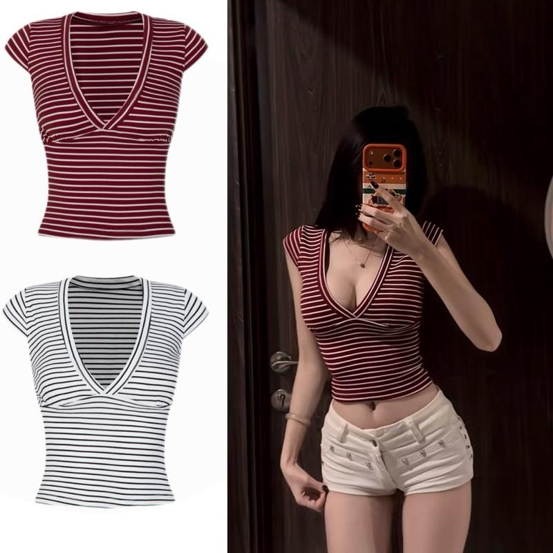  Áo Thun Cổ Tim Nữ Nhún Ngực Kẻ Sọc – Ôm Body Tay Ngắn Co Giãn Thoải Mái Sexy 