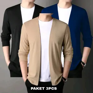 Paket 3 Pcs Kaos Lengan Panjang Cardigan V-neck Atasan Rajut Pria Jahitan Mode Dua Badan Aktif Pakaian Kasual Cowok Pullover Abu Hitam