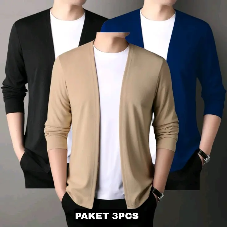 Paket 3 Pcs Kaos Lengan Panjang Cardigan V-neck Atasan Rajut Pria Jahitan Mode Dua Badan Aktif Pakaian Kasual Cowok Pullover Abu Hitam