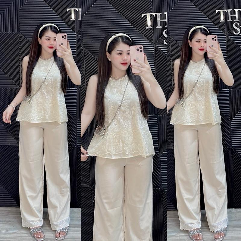 46-58kg- Set áo sát nách hoa thêu 2 lớp màu kem . Quần dài dáng suông dài 95cm lưng chun. top nữ