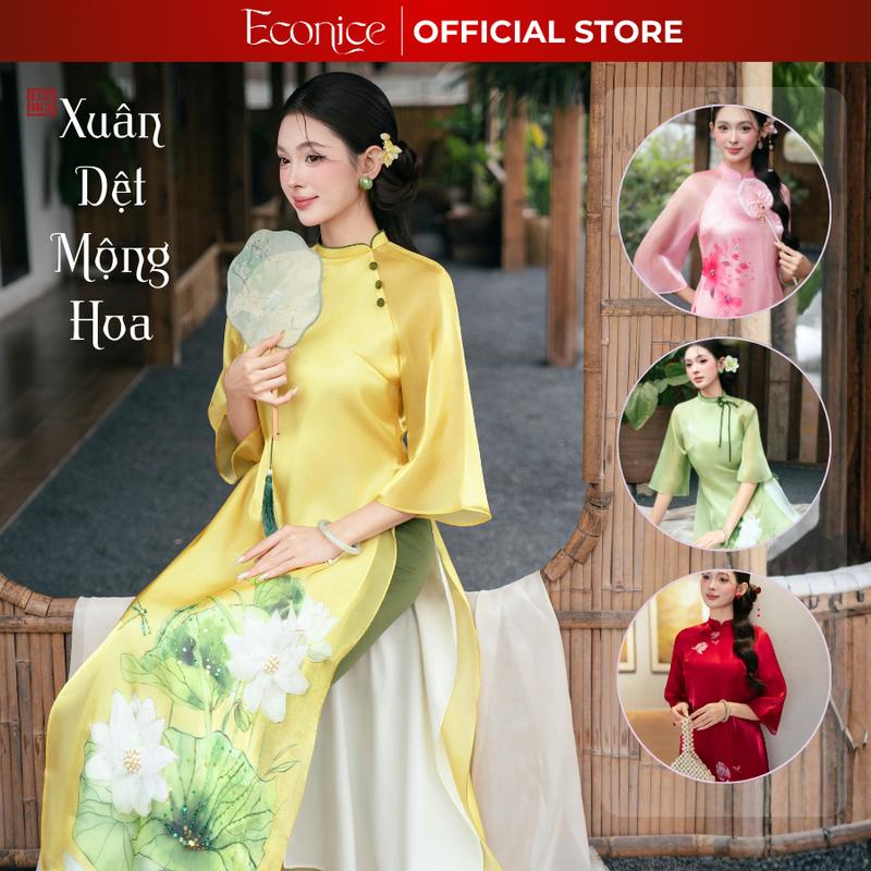 Set áo dài cách tân nữ Econice tơ óng 4 tà in thêu đính kết thủ công hoạ tiết hoa in truyền thống mặc dịp lễ tết 2025