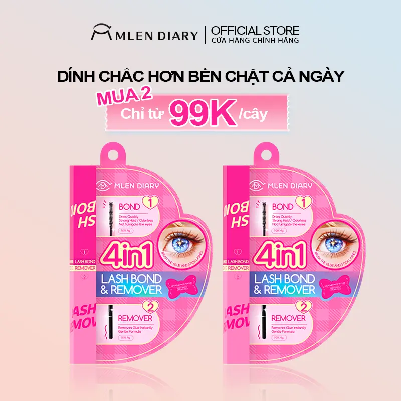 Mlen Diary - Keo 2 Đầu Mascara 4in1 Mlen Diary Tổng Dung Tích 8g - Kết Hợp Dung Dịch Tẩy Keo Dành Cho Mi Giả, Thiết Kế Tiện Lợi