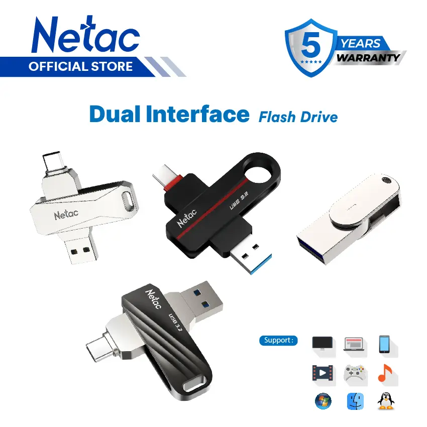 Netac OTG Flashdisk U782C /U785C/US18/US11 USB 3.2 Type-C Flash Drive 16GB/32GB/64GB/128GB/256GB/512GB Dual Flash Disk up to 150MB/s