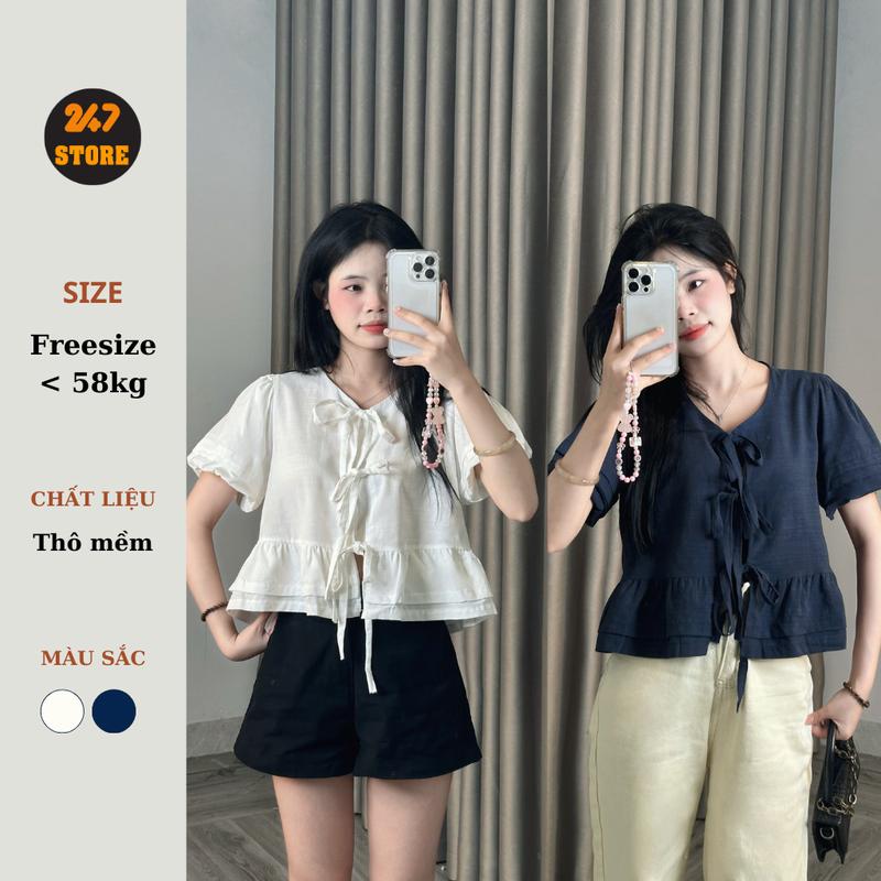 Áo Babydoll dây buộc tay bồng xếp ly bèo dưới tiểu thư xinh xắn sơ mi nữ cổ tròn tay bồng phối 3 nơ dễ thương - Bbd376 - 247store