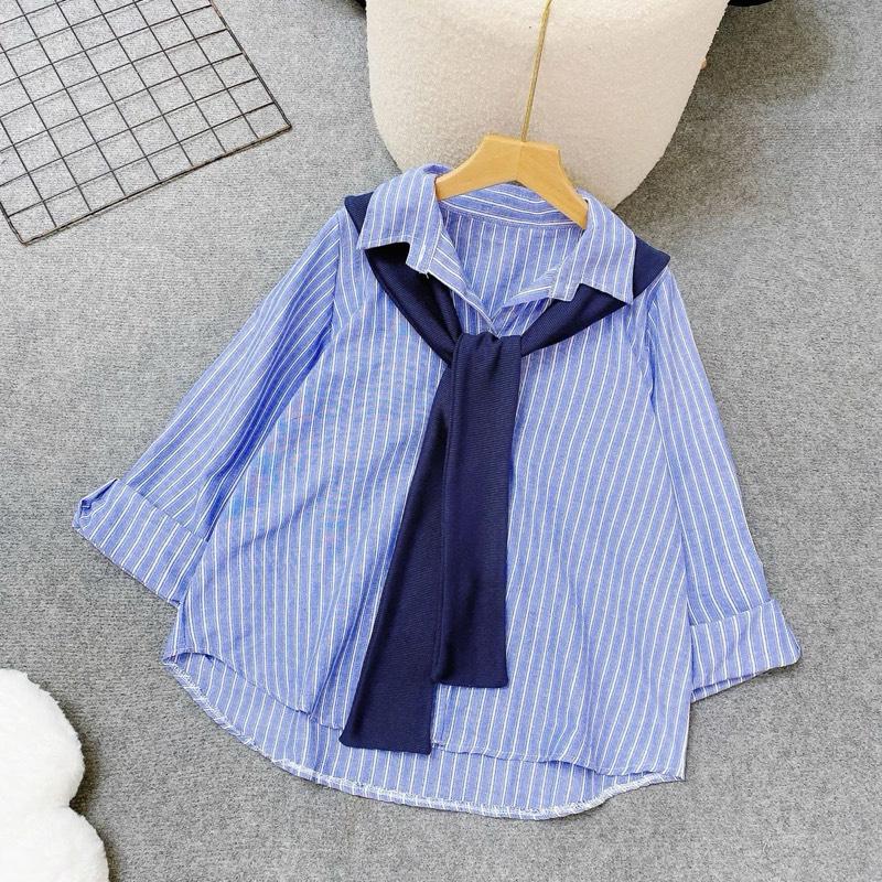  ÁO SƠ MI RỘNG  50-100kg  vải linen thô đơn giản kẻ sọc xinh xắn cho nữ bigsize A328 a195 phối khăn 