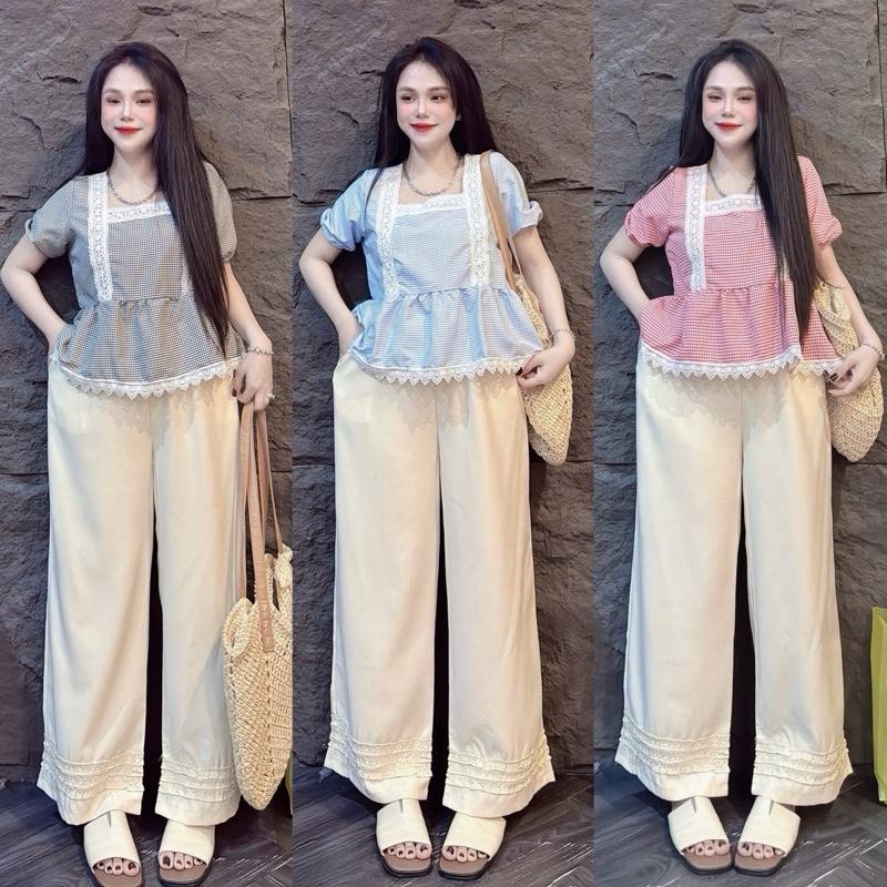 Sét bộ đồ nữ áo babydol tiểu thư cổ vuông phối ren tay ngắn mix quần suông dài dành cho nàng đi chơi với 3 tone màu trẻ trung