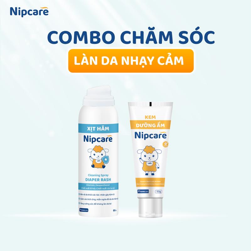 Combo chăm sóc làn da nhạy cảm - xịt vệ sinh chống hăm Nipcare 80ml và kem dưỡng ẩm hàng ngày Nipcare 60g cho bé