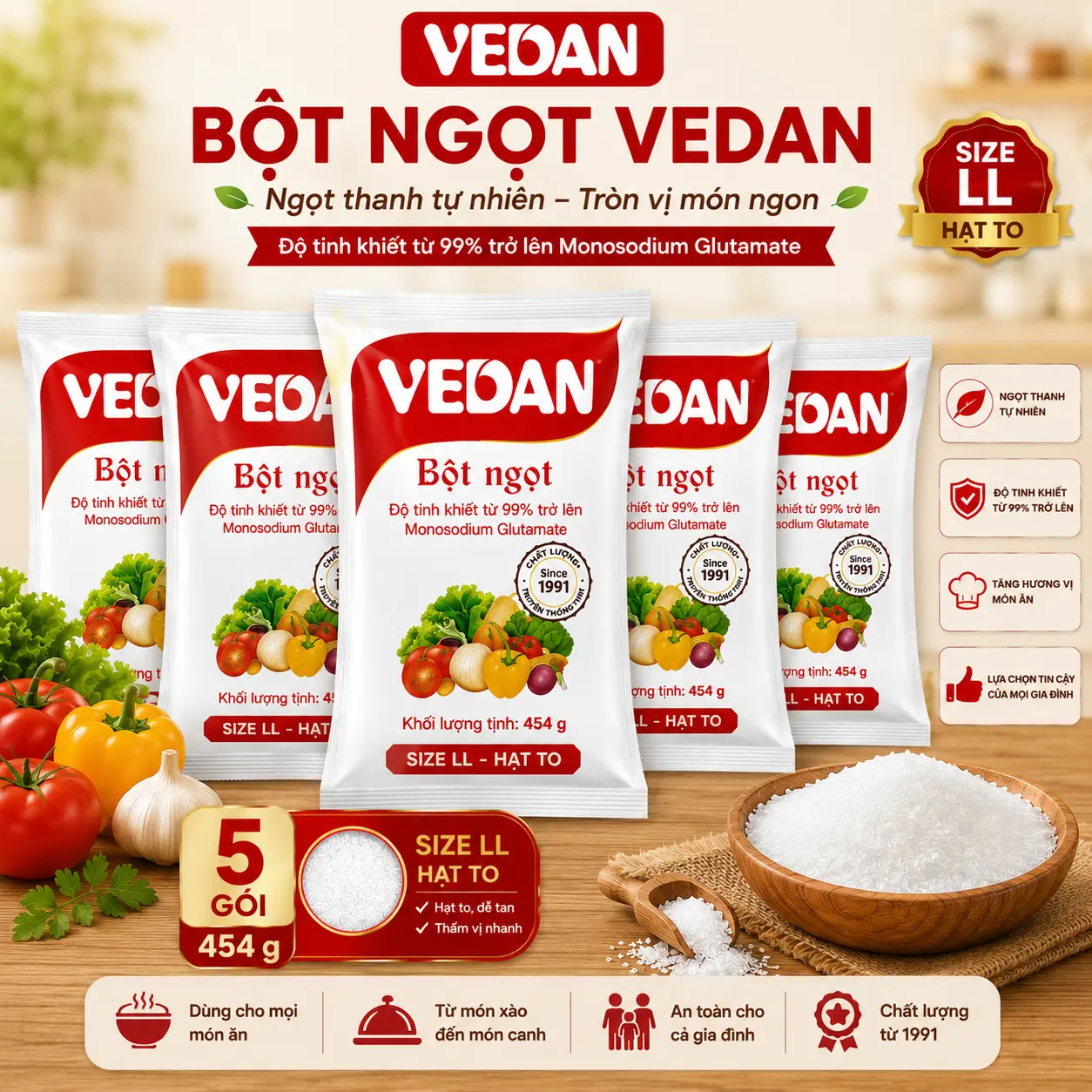 Combo 5 Gói Bột Ngọt VEDAN Hạt To 454g - Max Size LL