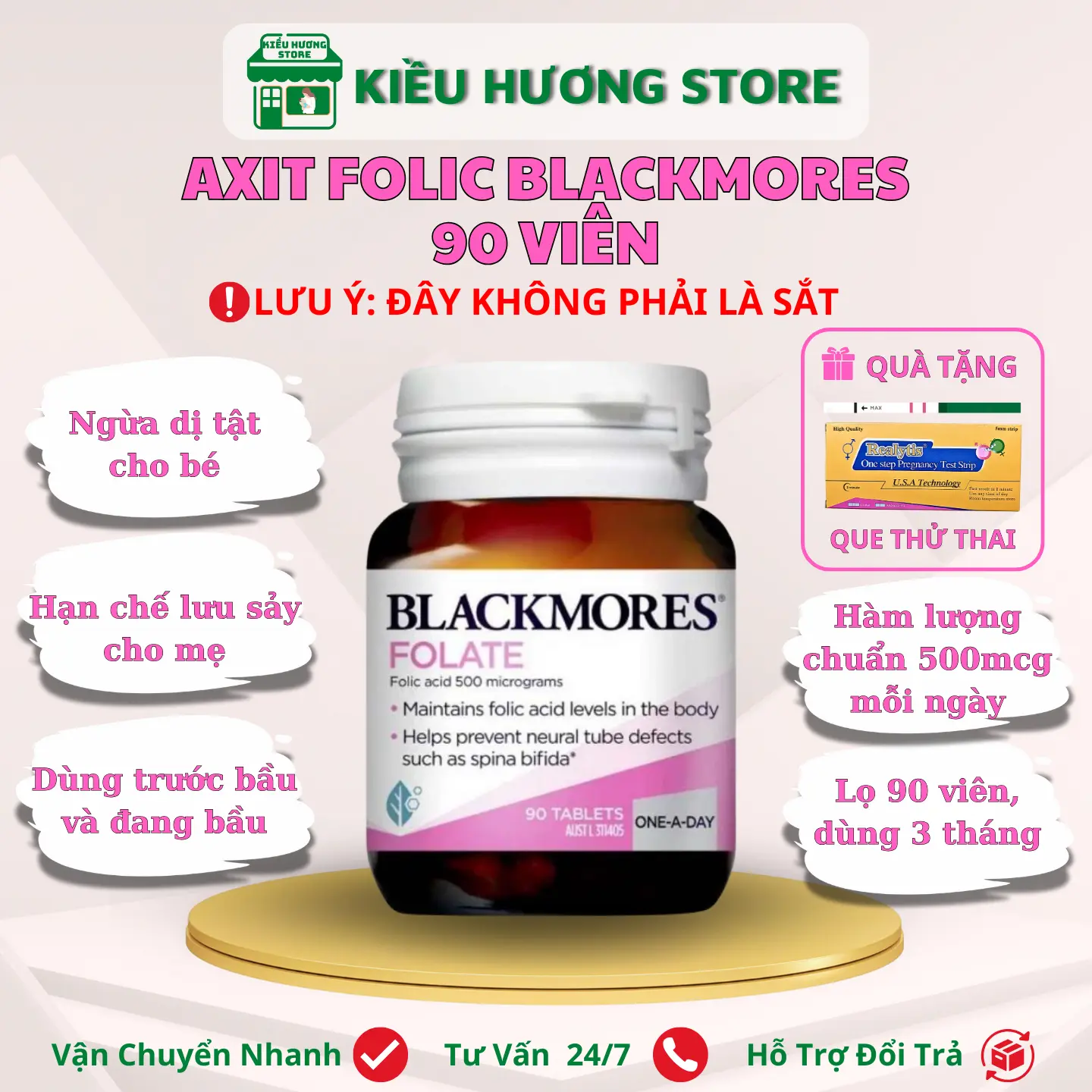 Bổ sung axit folic (acid folic) - Blackmores folate 90 Viên - Cho mẹ trước khi mang thai và mẹ bầu
