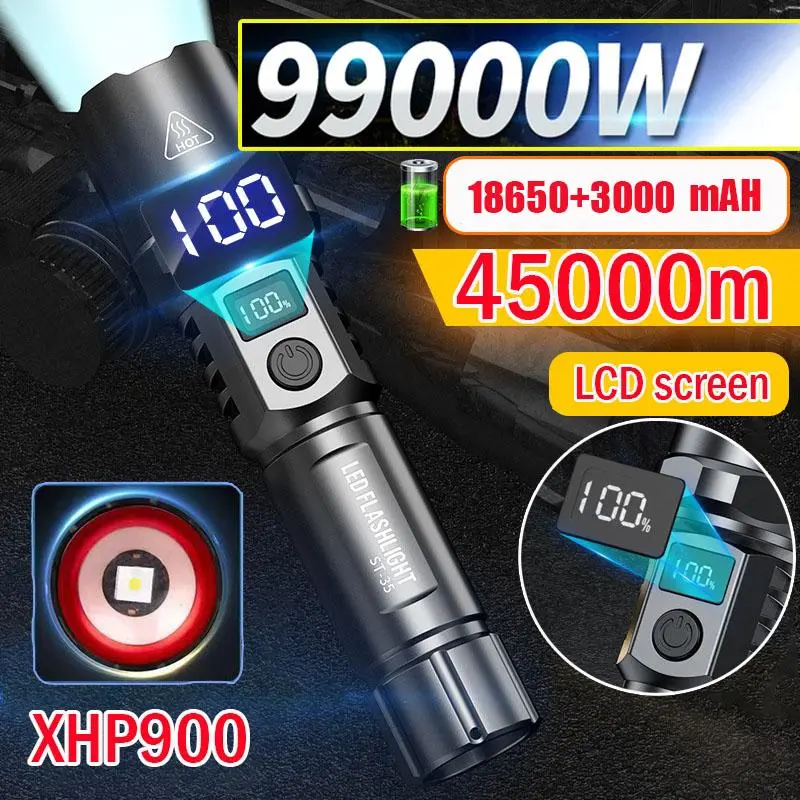 Lampu Suluh LED, Sangat Terang, Lampu Perkhemahan, Boleh Dicas Semula, Fungsi Zum, dengan Paparan Kuasa, Lampu Suluh USB Putih Lighting
