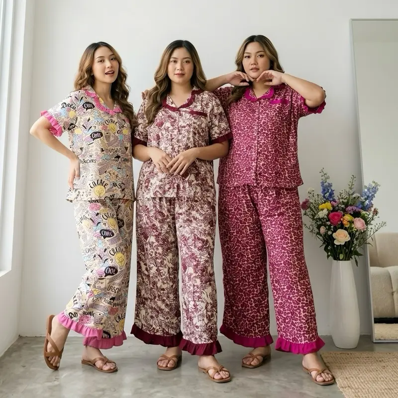 Veve Set - Piyama Jumbo Rayon Premium Mix Twill Polos Ruffle untuk Wanita Ukuran XL XXL XXXL Baju Adem Nyaman READY STOCK