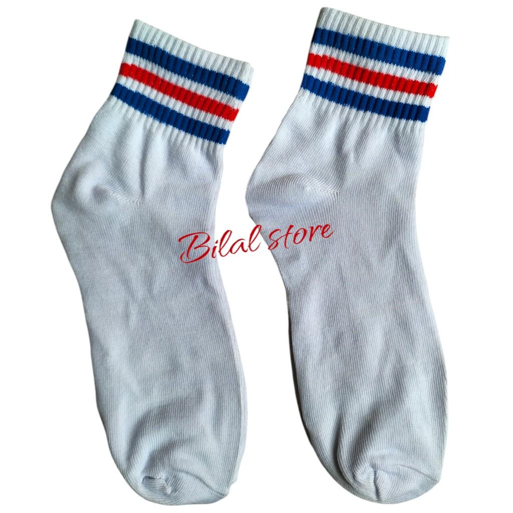 Kaos Kaki Oldschool Putih Strip Garis Tiga Pendek Atas Mata Kaki - 1 Pasang Pria Wanita Katun Nyaman Lembut