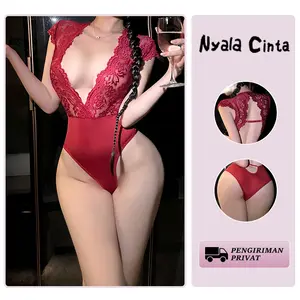Nyala Cinta Set Lingerie Wanita Bodysuit Renda Elegan Seksi Tipis Gaun Tidur
