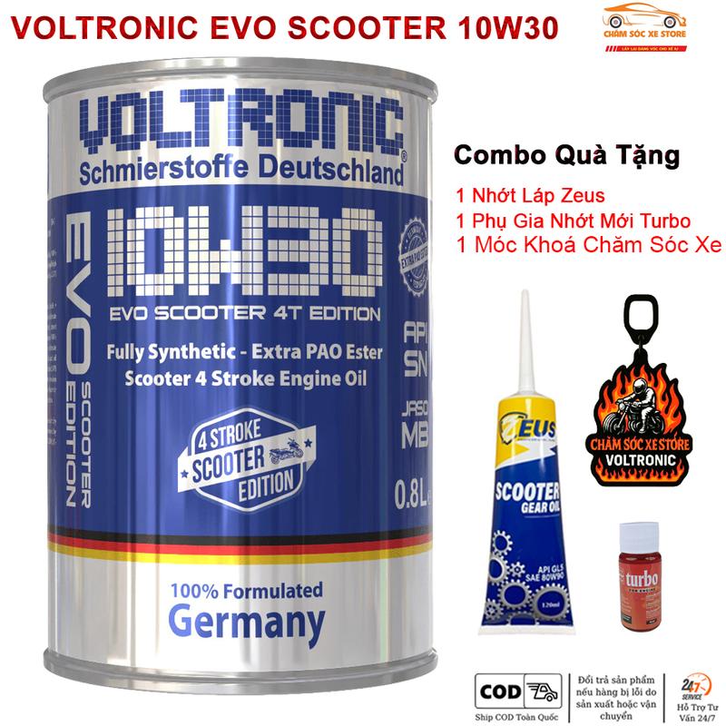  nhớt voltronic EVO Scooter 10w30 Dành Cho Xe Tay Ga - Tặng Kèm 1 Láp Zeus 1 Phụ Gia Nhớt Mới Xado Very Turbo Và 1 Móc Khoá Chăm Sóc Xe 