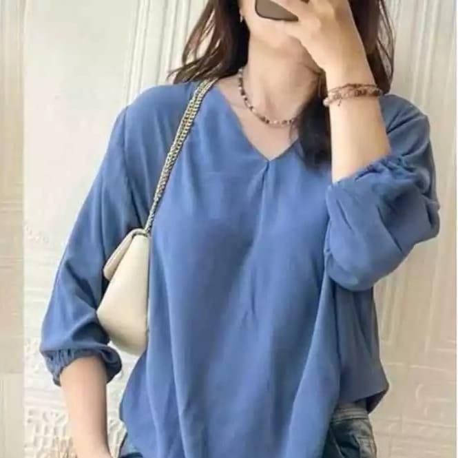 Pakaian wanita atasan blouse Cringkel airflow remaja dewasa model terbaru kekinian yang lagi viral Crinkle Nyaman Kerah Tangan Panjang 6