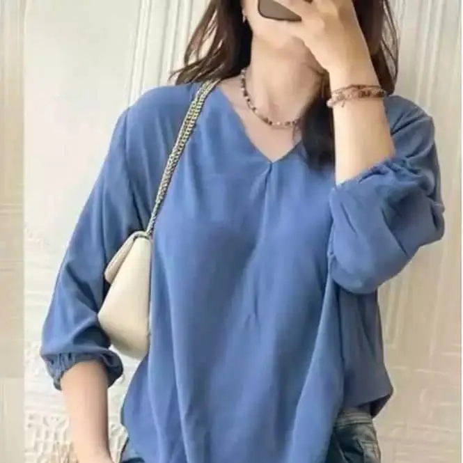 Pakaian wanita atasan blouse Cringkel airflow remaja dewasa model terbaru kekinian yang lagi viral Crinkle Nyaman Kerah Tangan Panjang 5