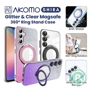 AKOMO SHIRA Case For SAM A56 A36 A16 A06 A55 A35 A25 A15 A05s A54 A34 A24 A14 A53 A23 A52s A52 5G 4G Magnetic Softcase Kick Stand 360 Ring Silicone CLEAR & GLITTER Soft Case With Camera Lens Glass Protector Cover Casing