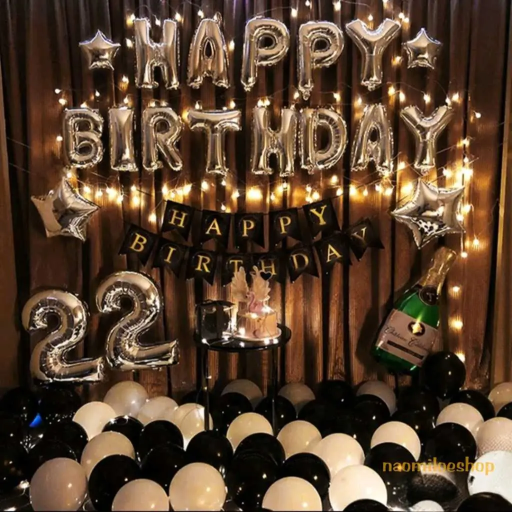 [Paket] Happy Birthday Silver Dekorasi Hitam Putih BALON ULANG TAHUN TULISAN HAPPY BIRTHDAY SET LAMPU DEKORASI ULANG TAHUN