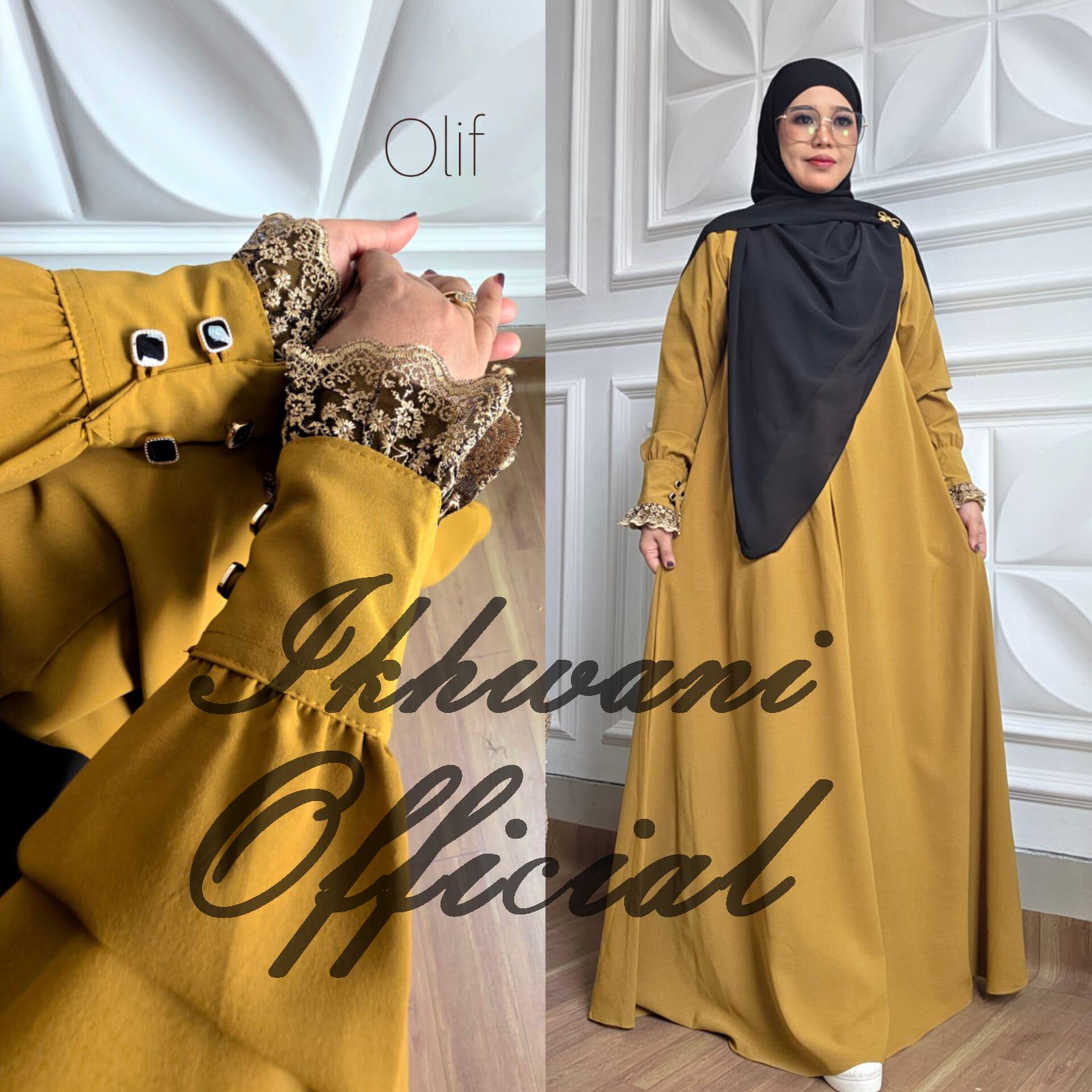 Abaya YASMIN NUA Ikhwani tangan kancing variasi renda Abaya umroh haji muslimah syar'i