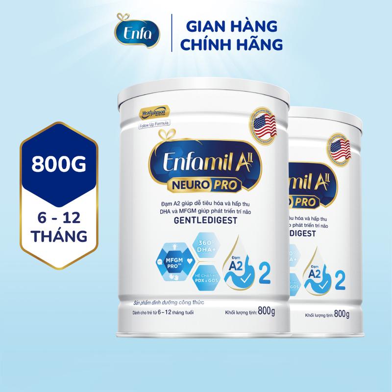 Bộ 2 lon sữa bột Enfamil A2 Neuropro 2 giúp dễ tiêu hóa hấp thu cho trẻ từ 6-12 tháng tuổi– 800g lon