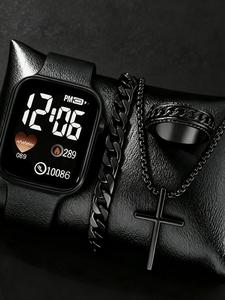 Conjunto de regalo de joyería deportiva para hombres, incluye 4 piezas: reloj digital, collar con colgante en forma de cruz, pulsera y anillo; regalo perfecto para el Día de San Valentín