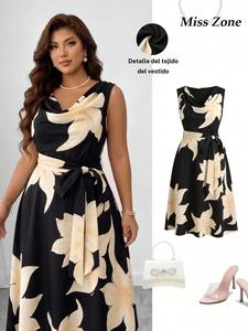 Vestido midi para mujer de talla grande con estampado floral, sin mangas, cuello drapeado, lazo en la cintura, corte en línea A, fluido, favorecedor y elegante; ideal como invitada de boda, fiesta y ocasión formal; estilo vintage y moderno.