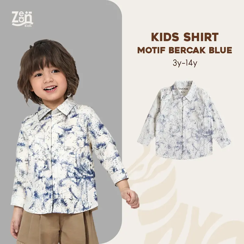 Zean Kids Kemeja Atasan Anak Laki-Laki Motif Bercak blue Lengan Panjang Usia 3 - 14 Tahun 0