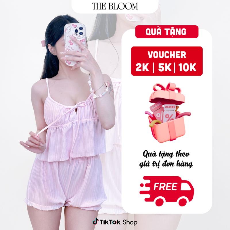 THE BLOOM [CÓ MÚT] Set Bộ Đồ Ngủ Nữ 2 Dây Babydoll Có Sẵn Mút Mềm Dây Rút Buộc Nơ Và Quần Đùi Bí Chất Gân Len Cotton Mềm Mịn, Bộ Đồ Ngủ Nữ Quần Bí Mùa Hè - SE083
