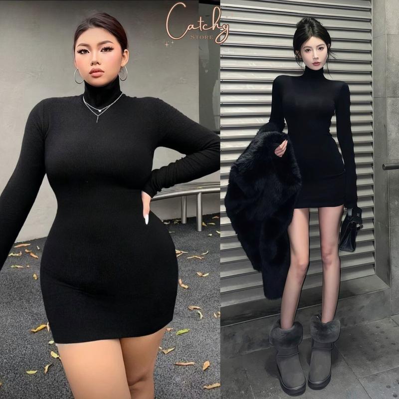 Đầm Body Nữ Tay Dài Xỏ Ngón Cổ Lọ Dáng Ngắn Sang Chảnh Cá Tính Cho Mùa Thu Đông Đi Chơi Đi Party Có Bigsize CATCHYstore
