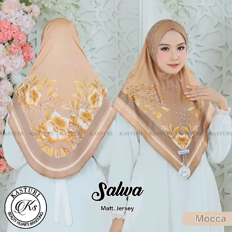 Salwa Hijab bergo printing bunga gold segitiga malay non busa Kerudung Wanita Instan Muslim Nyaman Panjang 3