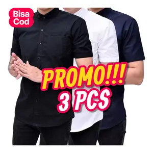 PAKET HEMAT 3 PCS Kemeja Polos Pria Slimfit Lengan Pendek Baju Hem Cowok Dewasa Hitam Putih Basic Formal Casual Kerja Kantor Katun Tebal