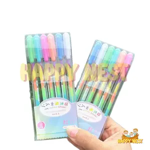 HappyNest Stationery Pena Pulpen Gliter Warna Rainbow / Bolpen Jel Pelangi / Drawing Pen Warna Blink Kotak 6 Pcs Tinta