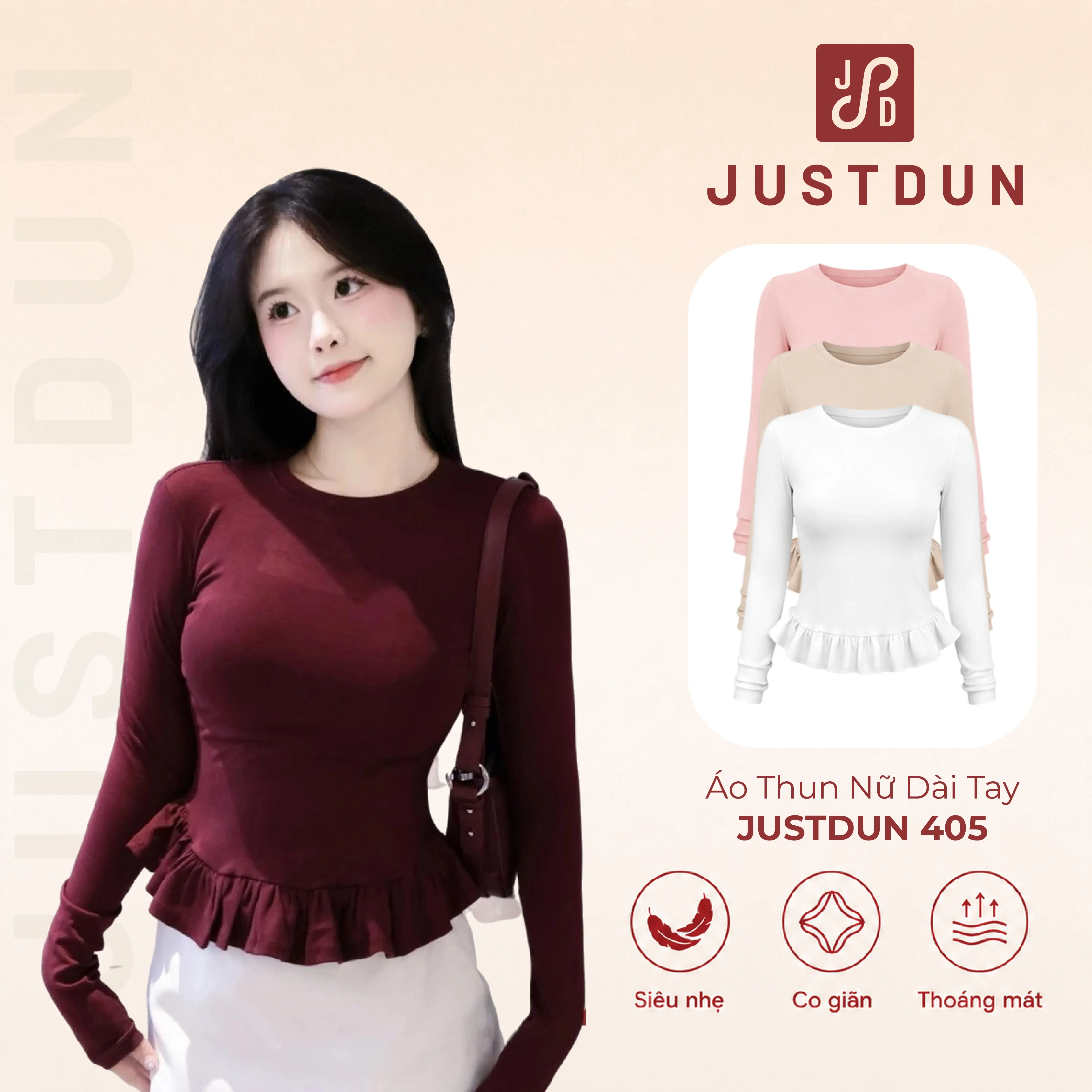 [DEAL XẢ KHO] Áo Thun Nữ Dài Tay Ôm Body JUSTDUN 405 - Phối Viền Bèo Xinh, Cotton Mịn Cao Cấp, Tôn Dáng