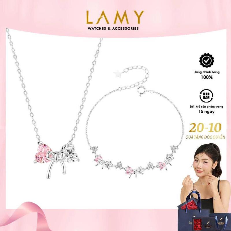 QUÀ TẶNG Noel Bộ trang sức Bạc S925 LAMY Dây chuyền và lắc tay bạc Crystal Bow Silver 6325 & 2255