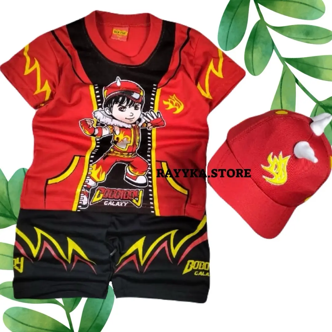 Setelan Baju Anak Laki-Laki Usia 1-10 Tahun Motif Boboiboy Galaxi Petir Bahan Katun Lengan Pendek Bisa Set Topi Dan Bisa COD Parsel Bayi
