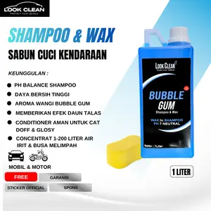 LOOK CLEAN Shampoo & Wax Premium 1 Liter Bubble Gum - Shampoo Cuci Kendaraan dengan Efek Kilap & Daun Talas - Gratis Spons Cuci & Sticker Official