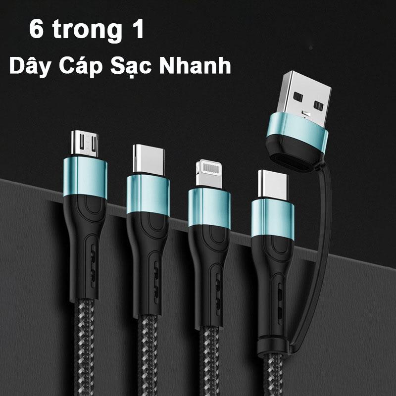 Cáp dữ liệu sạc nhanh 6 trong 1 cho iPhone Xiaomi Redmi Samsung vivo oppo đen Cáp dữ liệu bện USB Type C 1.2m - phụ kiện sạc điện thoại di động, bảo hành 12 tháng