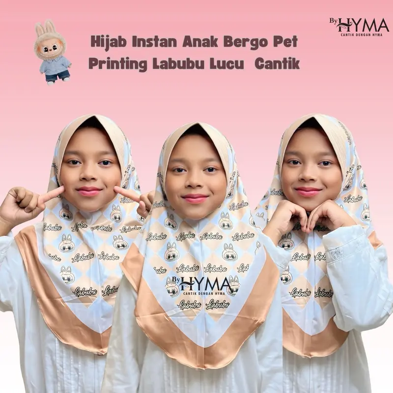 Jilbab Instan Kerudung Bergo Printing Labubu 3-9 Tahu  Hijab Jersey Anak Instan Nyaman Pad Muslim 4