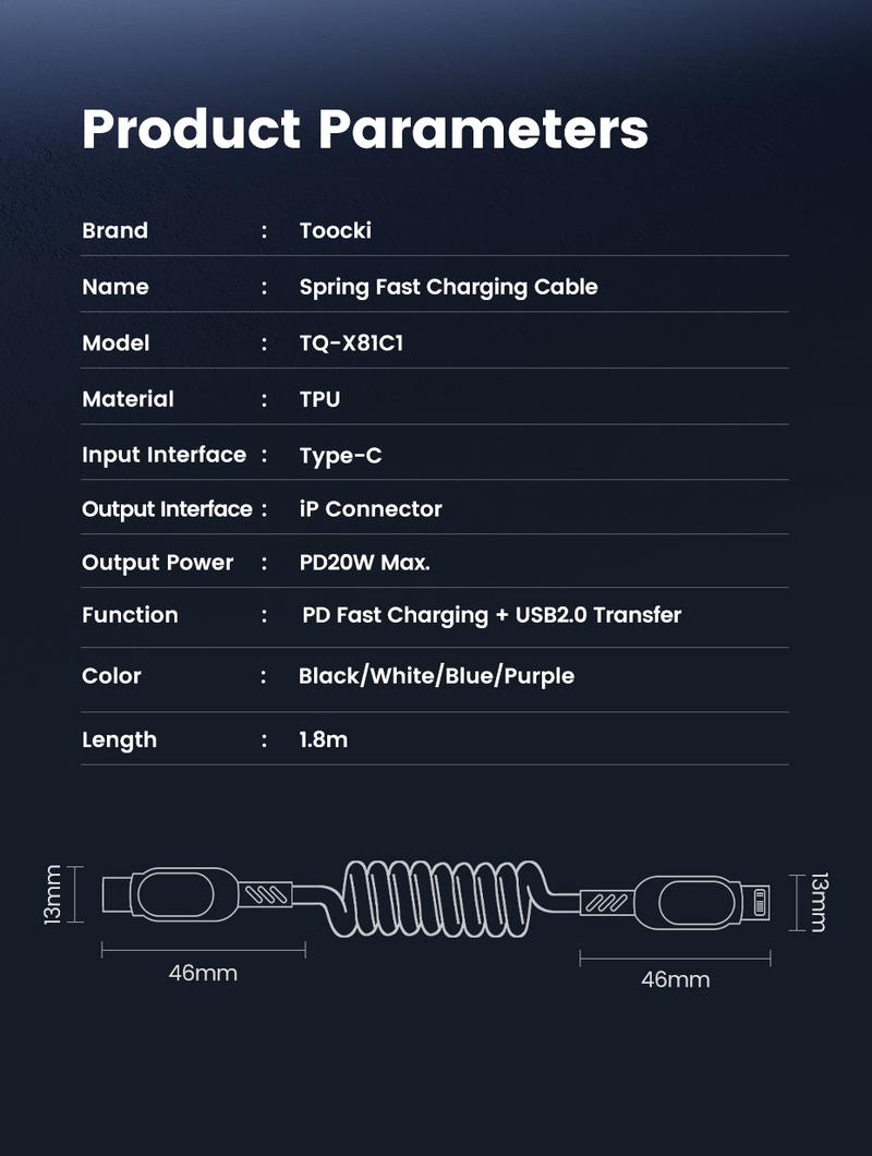 Product Introduction of Toocki PD100W Type C To Type C Spring Fast Charging Cable 6A USB A To Type C Fast Data Line A-L 20W C-L Car Charger Wire 1.8m 33
