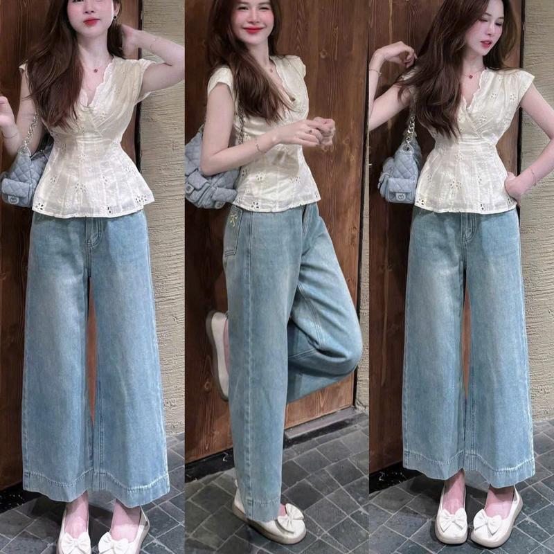 [XUÔNG NẤM LÙN - DEAL MỞ BÁN - MẪU MỚI] QUẦN JEANS NỮ ỐNG RỘNG CẠP CAO THÊU NƠ VÀNG GẤU TO HACK DÁNG HOTTREND 2025