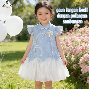 Ceria-Gaun musim panas anak-anak, gaun cheongsam gaya Tiongkok dengan kancing tali, gaun lengan kecil dengan potongan sambungan