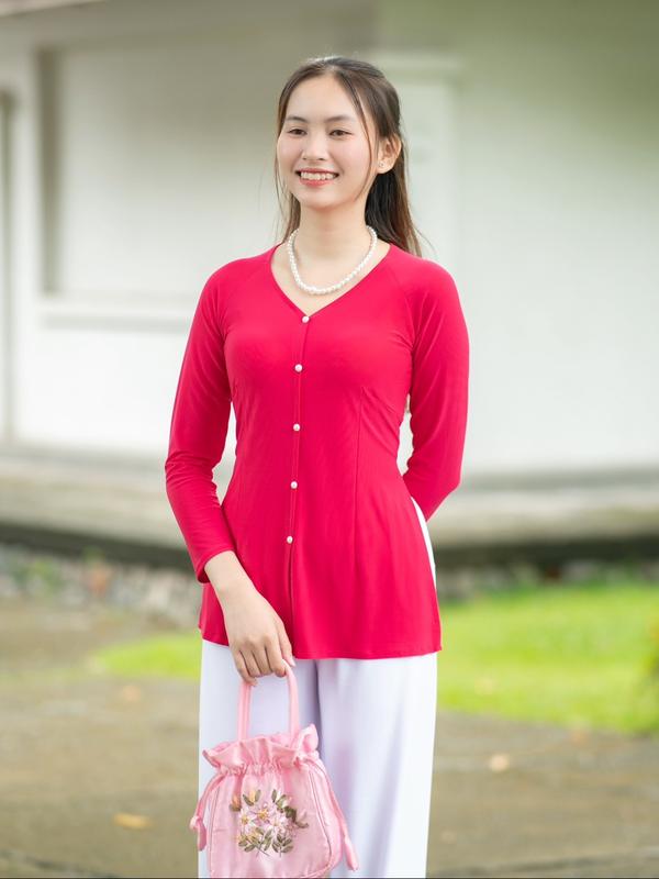  Áo Bà Ba Trơn Cổ Tim Cách Tân Xẻ Tà Thanh Lịch Form Vừa Vặn Tôn Dáng Đính Cúc Ngọc Đi Chùa Đi Du Xuân - Basic Women Top 