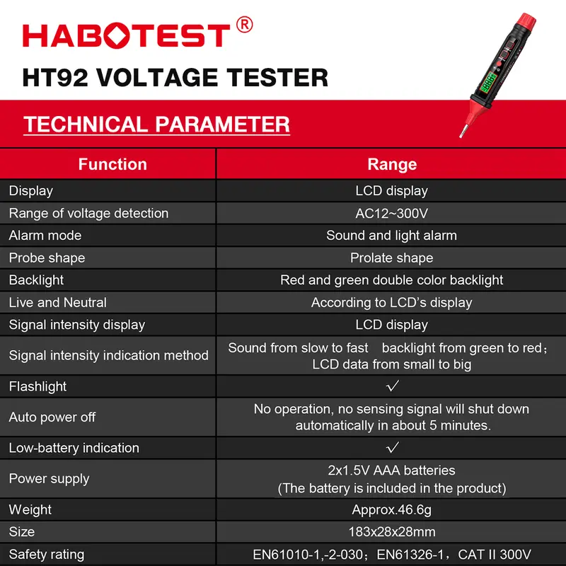 HABOTEST HT89 Pen Type AC Voltage Detector NCV 12~300V Voltage Tester For Live/Null Wire With Flashlight LCD Display Breakpoint Finder 6