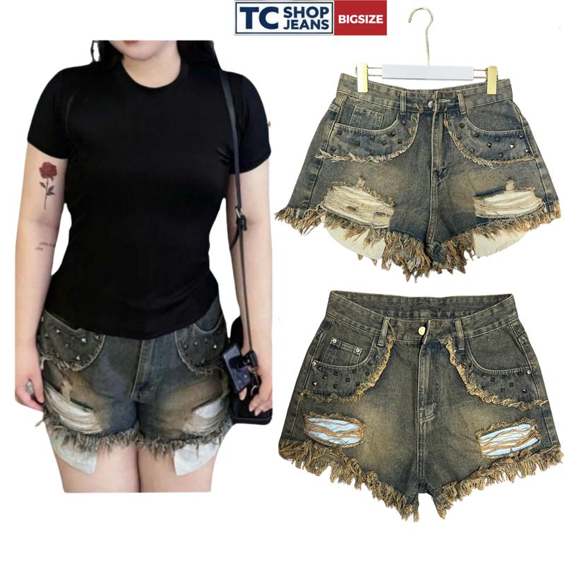 Quần jeans đùi nữ túi lòi rách viền đinh TC SHOP JEANS bigsize 55-90kg đi chơi concert MS 1106