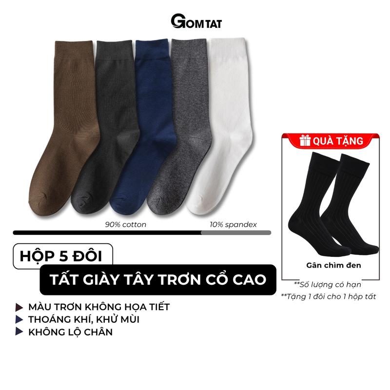 Hộp 5 đôi tất trơn nam cổ cao công sở GOMTAT cao cấp đi giày tây, sợi cotton hút ẩm, khử mùi, êm chân Menswear - HOT-1803-CB5