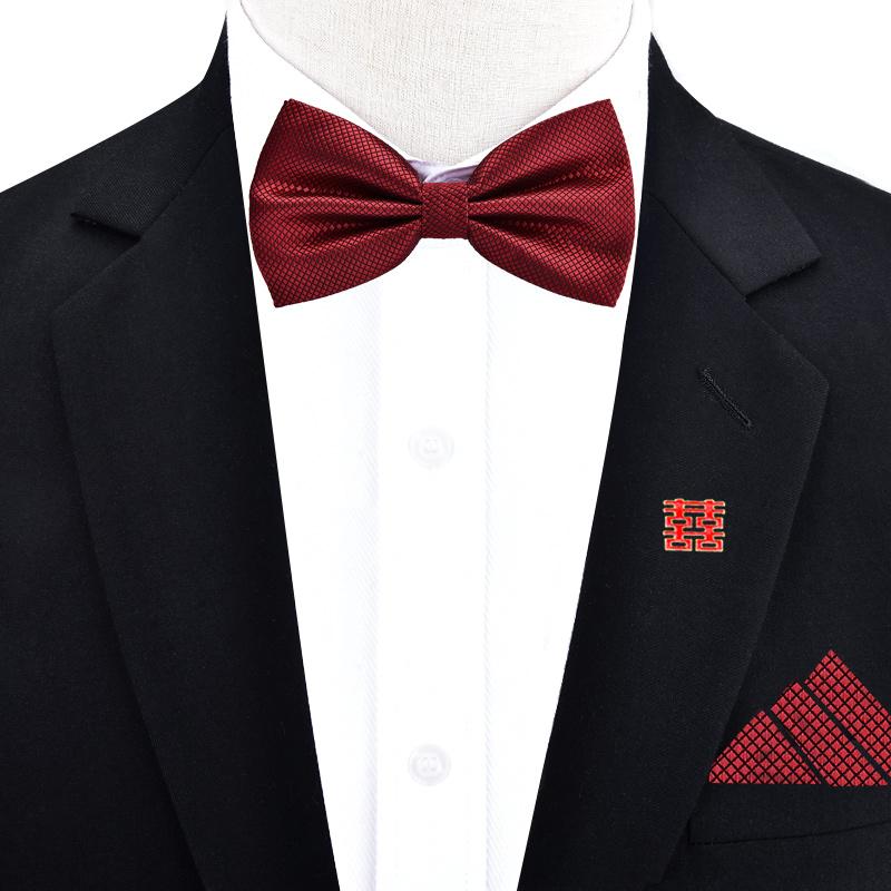 Product Introduction of Groom's Wedding Tie Pocket Scarf Square Scarf Chest Needle Breast Flower Three piece Set Red Bow Men's Black Gentleman 10