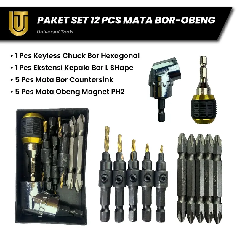 Peket Set 12 pcs: 1 pcs keyless Chuck kepala bor hexagonal, 1 pcs Ekstensi kepala bor L shape, 5 pcs set mata bor countersink sekrup, dan 5 mata obeng magnet ph2. 2